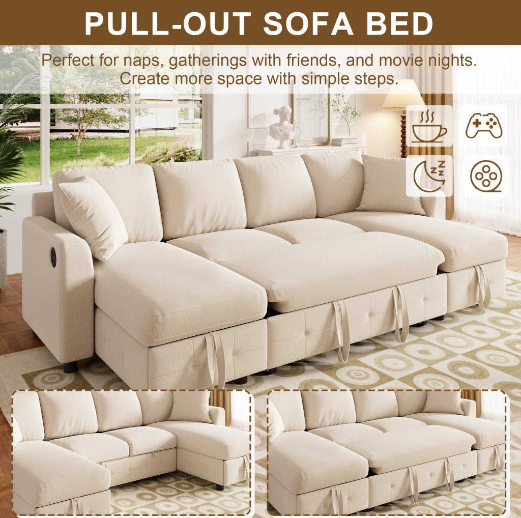 Divano letto a U ULEVR 260x128x82 cm estraibile con 2 chaise longue contenitore, USB e Type-C, beige