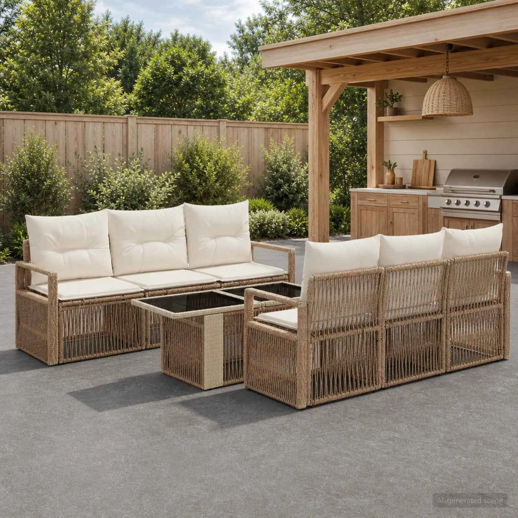 Set Divano da Giardino 7 pz Beige e Bianco Crema polyrattan 3437055