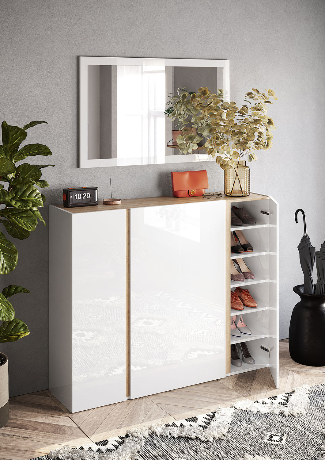 Mobile Multiuso 4 Ante con 10 Ripiani 140x35x111 cm Frame Bianco Lucido e Cadiz