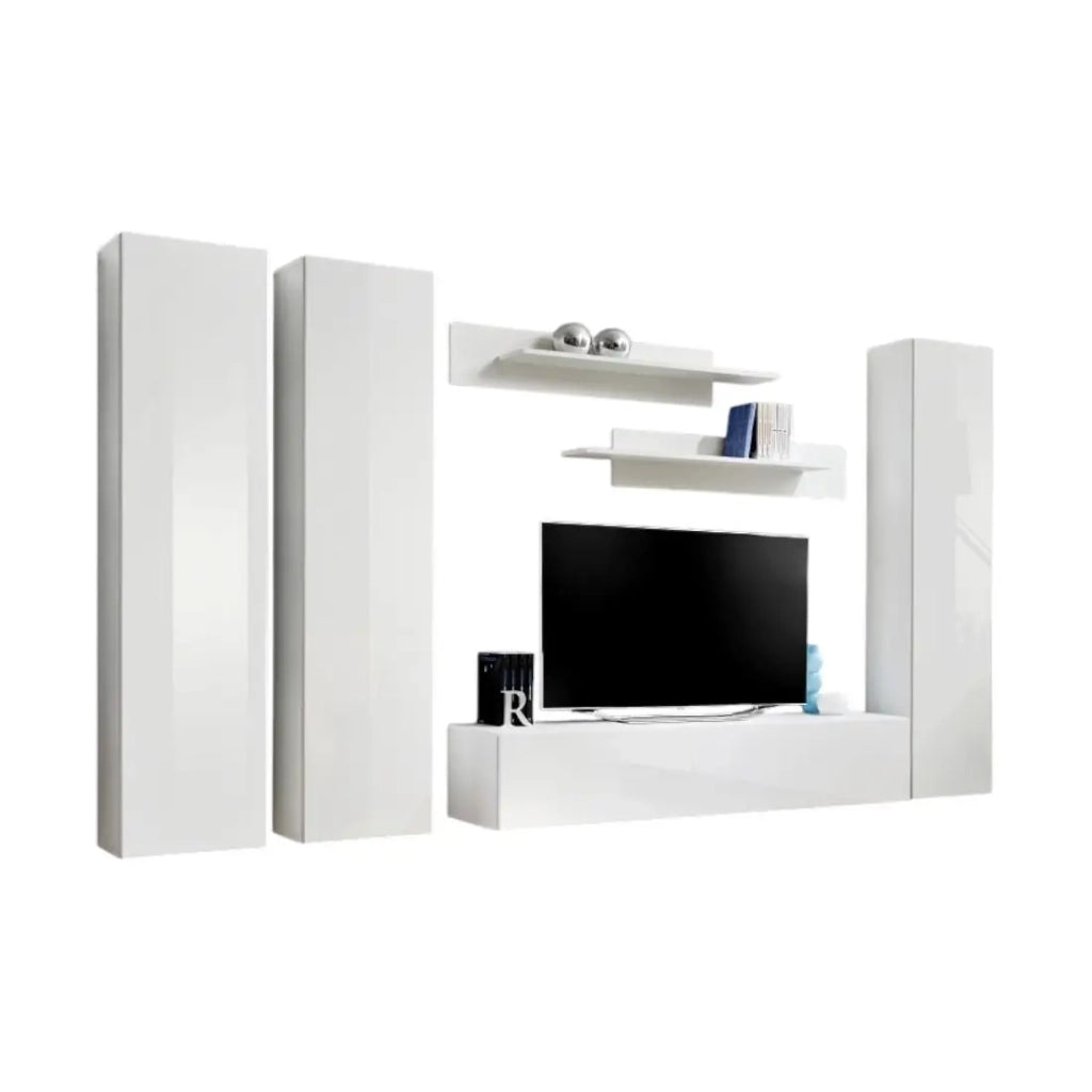 Mobile TV FLY C1 design, colore bianco lucido. Mobile sospeso moderno e alla moda per il tuo soggiorno.