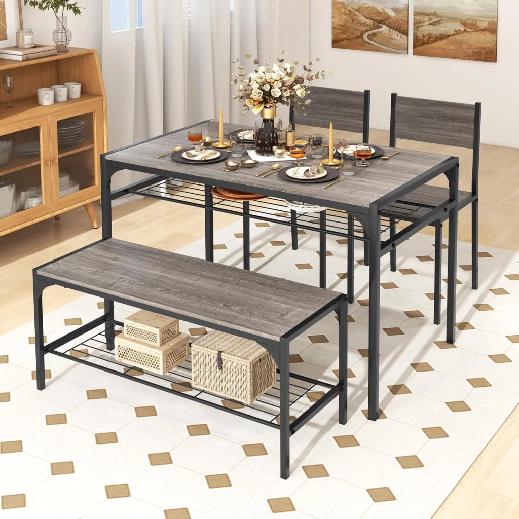 Set di tavolo da pranzo per 4, tavolo rettangolare con 2 sedie, 1 panchina, mensole, telaio in metallo resistente, set da pranzo da 4 pezzi, sala da pranzo, cucina (grigio), NF88000