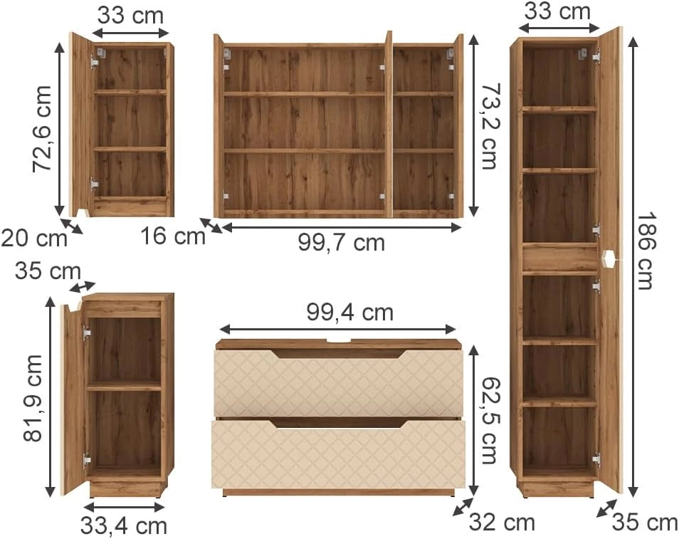 Set di mobili da bagno Lotta, Rovere/cashmere con struttura in piastrelle, 5 parti