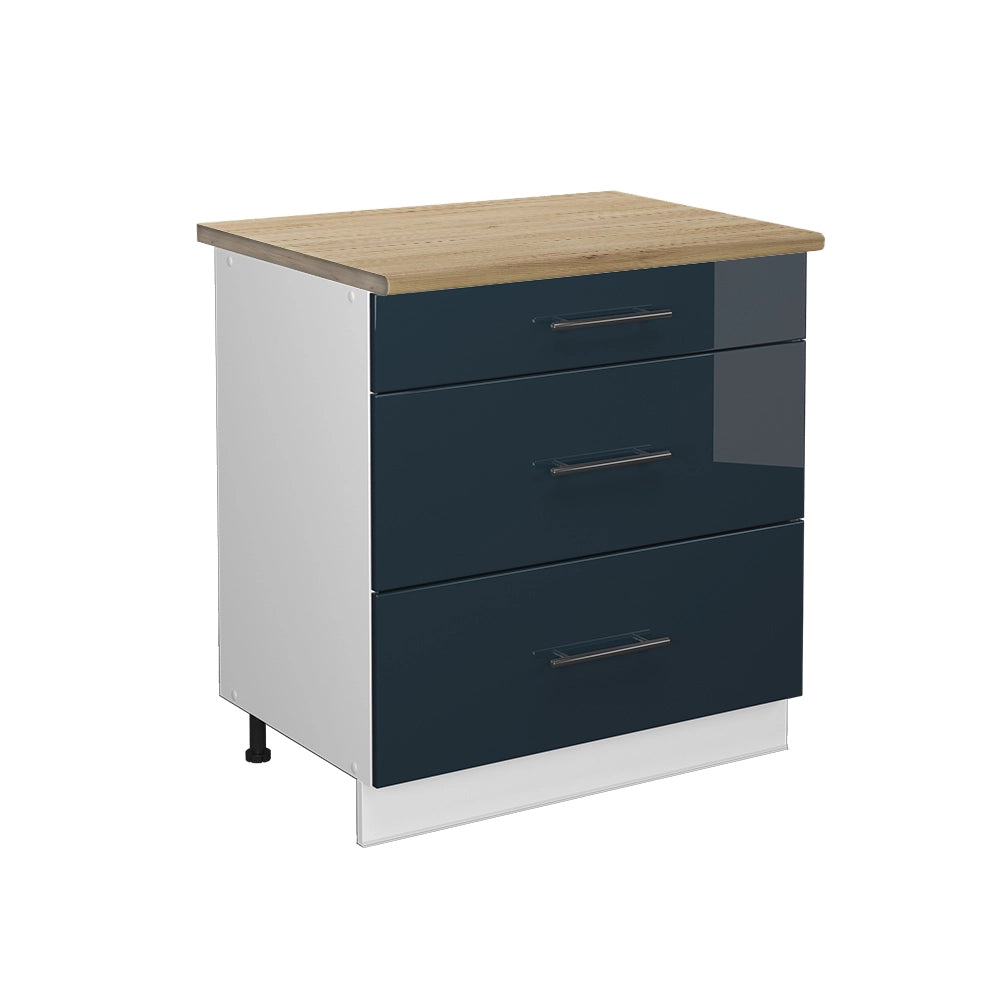Mobiletto base per cucina Fame-Line Blu scuro lucido/Bianco 80 cm con 3 cassetti, PL Rovere Vicco