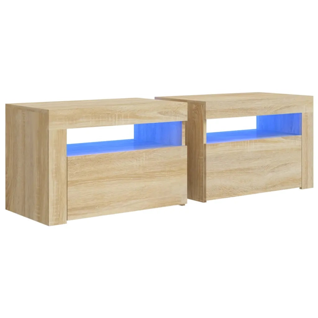 Comodini 2 pz con Luci LED-Set di 2 Tavolino da notte Rovere Sonoma 60x35x40 cm