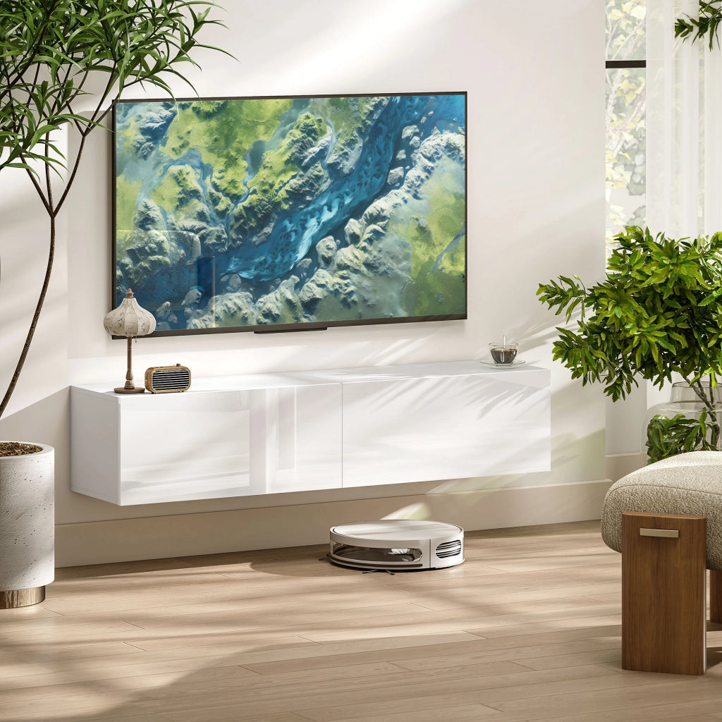 Mobile Sospeso con Armadietti con Ante a Ribalta 140x33x29,8 cm in Truciolare Bianco Lucido