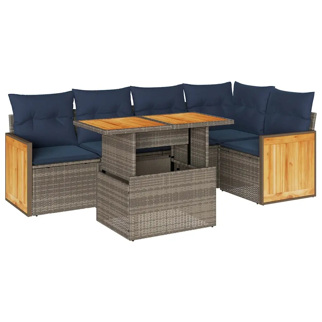 Set Divano da Giardino 6pz con Cuscini Grigio Polyrattan Acacia