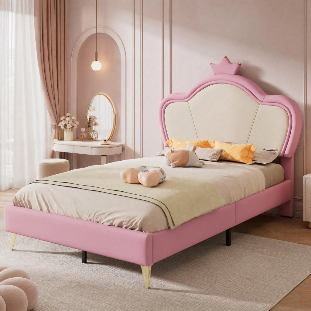 Letto singolo imbottito per bambini con testiera a corona; 90x200 cm; PU rosa e bianco