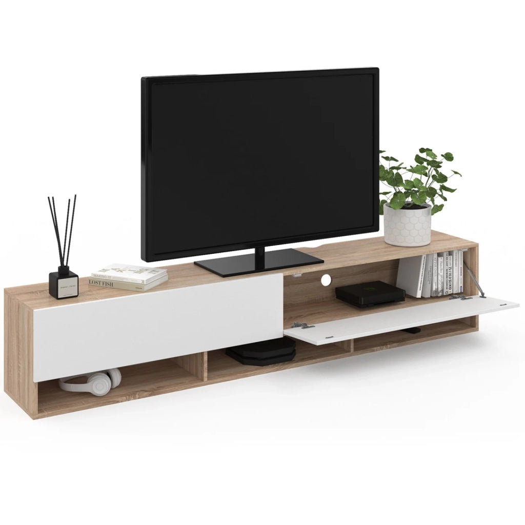 IDMarket - Mueble TV suspendido ELIO 2 puertas con estantes de madera y blanco 180 cm