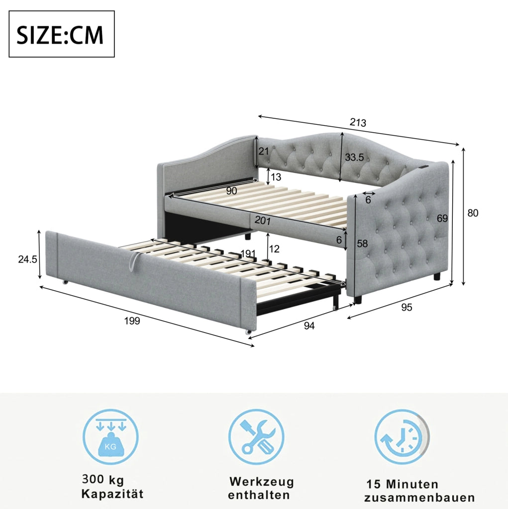 Letto imbottito 90x200 cm multifunzionale con USB in lino grigio
