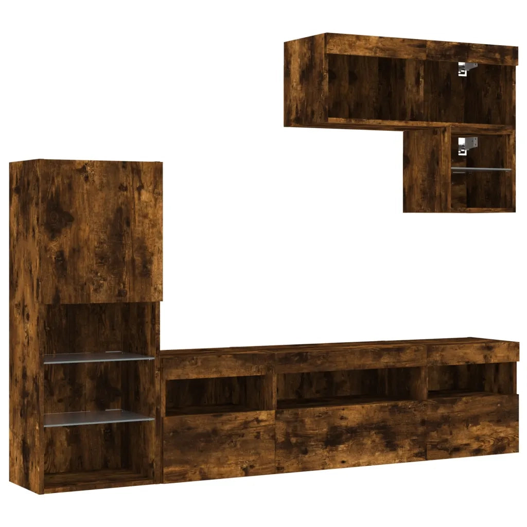 Mobili TV a Muro con LED 6 pz-Credenza per TV sospesa Rovere Fumo in Legno Multistrato 501271