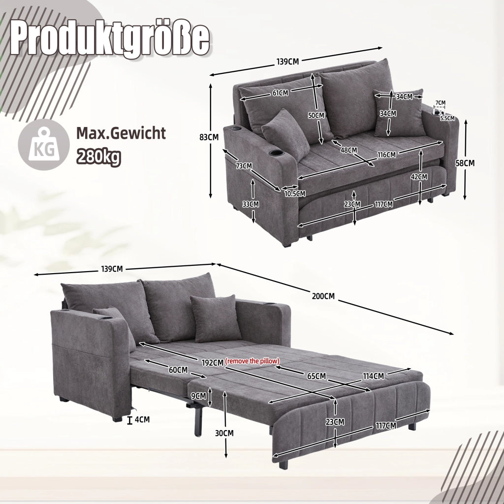 Divano letto convertibile con USB; portabicchieri e tasche laterali in ciniglia grigio