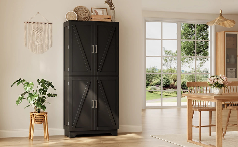 Credenza alta con 4 ante stile barn door, portabottiglie e vani aperti, 80 x 40 x 180 cm