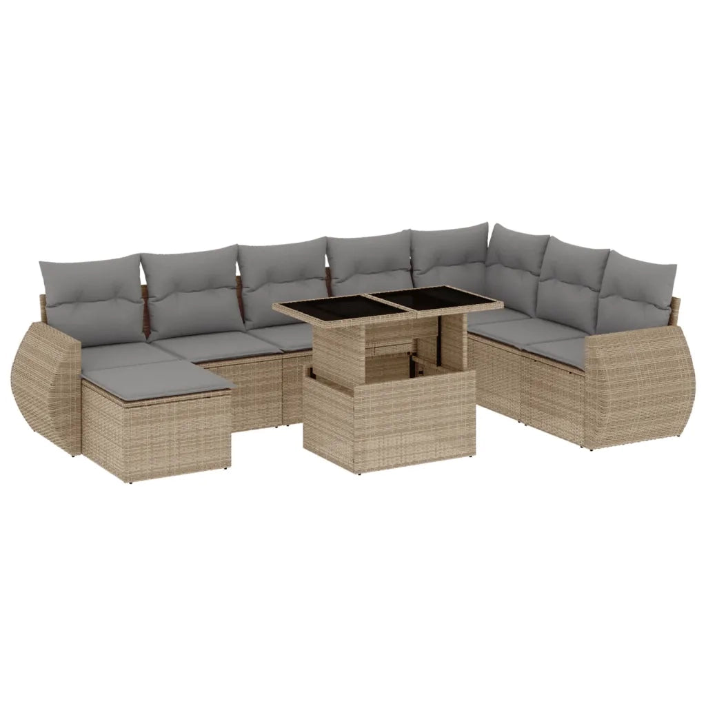Set Divano da Giardino 9 pz con Cuscini Beige in Polyrattan