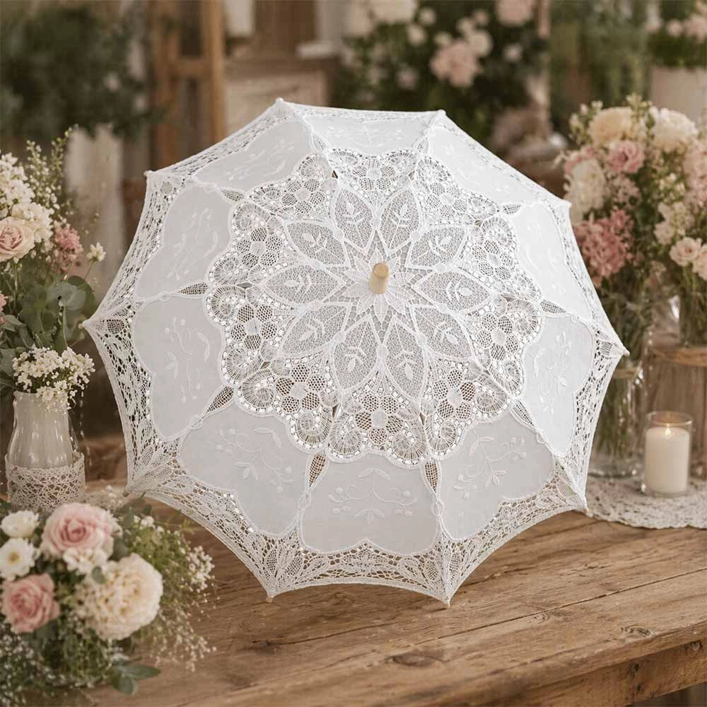 Ombrello Wedding Grande in Legno con Pizzo Bianco Ricamato 76 x h 65  cm