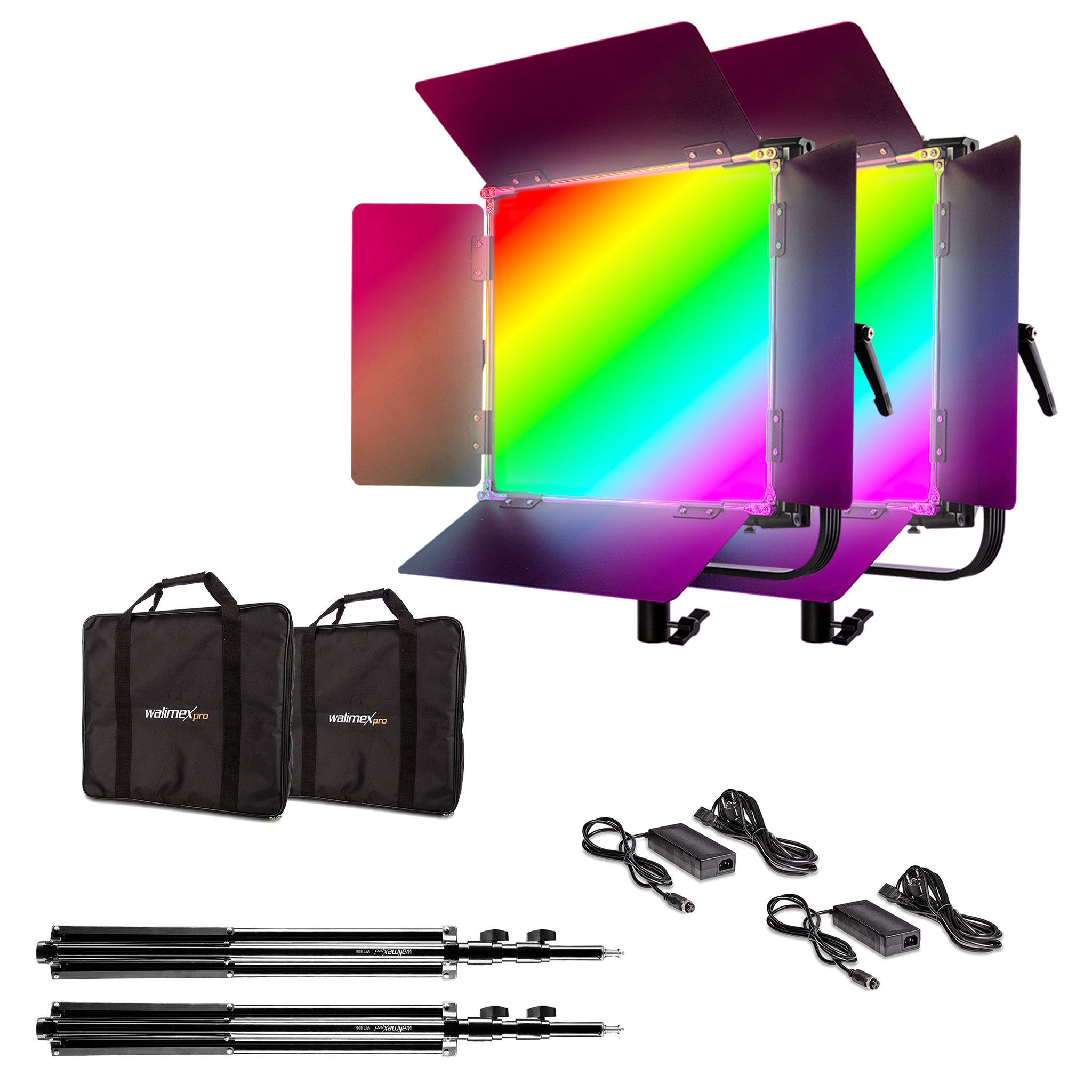 LED Rainbow 50W RGBWW Set - composto da 2 luci, alette di schermatura, alimentatore, borsa per il trasporto e lo stoccaggio, treppiede per lampada con attacco e adattatore