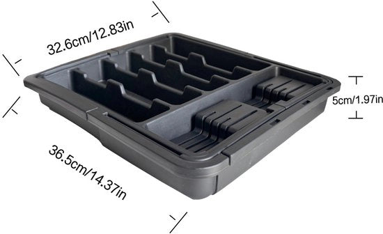 Organizzatore di carico bianco e argentato, cassetto estensibile per posate, contenitore per posate e accessori da cucina, spazio di stoccaggio in plastica regolabile per cucchiai, forchette e coltelli.