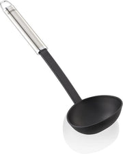 Pollepel 32 cm, soeplepel di acciaio inossidabile e nylon per cucinare senza graffi, pollepel con impugnatura ovale e lussuoso orecchione di appoggio, cucchiaio per salse, argento