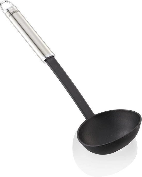 Pollepel 32 cm, soeplepel di acciaio inossidabile e nylon per cucinare senza graffi, pollepel con impugnatura ovale e lussuoso orecchione di appoggio, cucchiaio per salse, argento