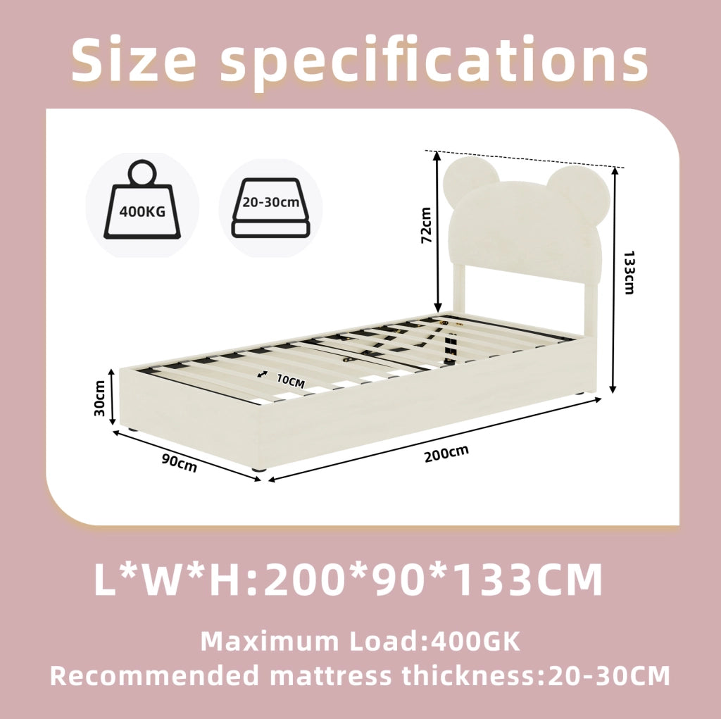 Letto imbottito 90x200 cm beige con testiera cartoon e contenitore a sollevamento