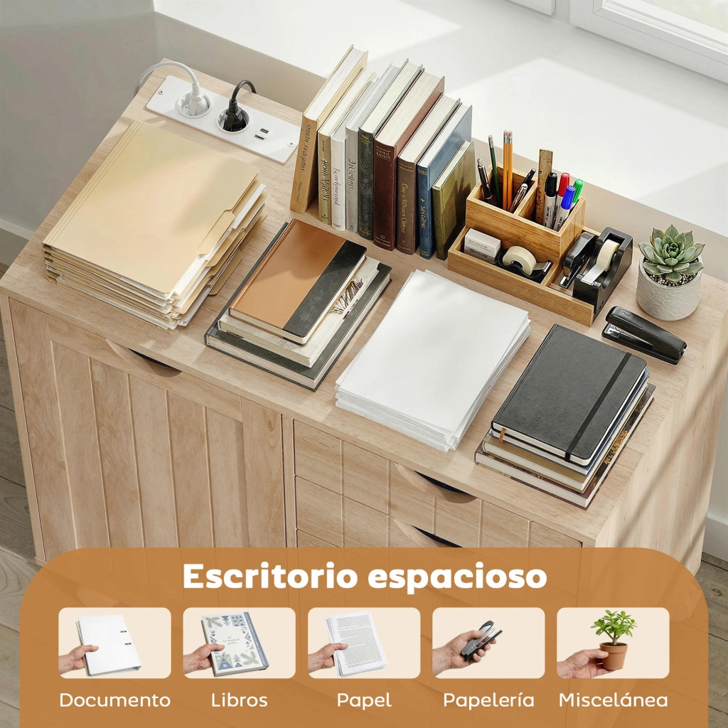 Scrivania con cassetti e ripiano per stampante ¨C zephmum ¨C Naturale 90x50x75 cm
