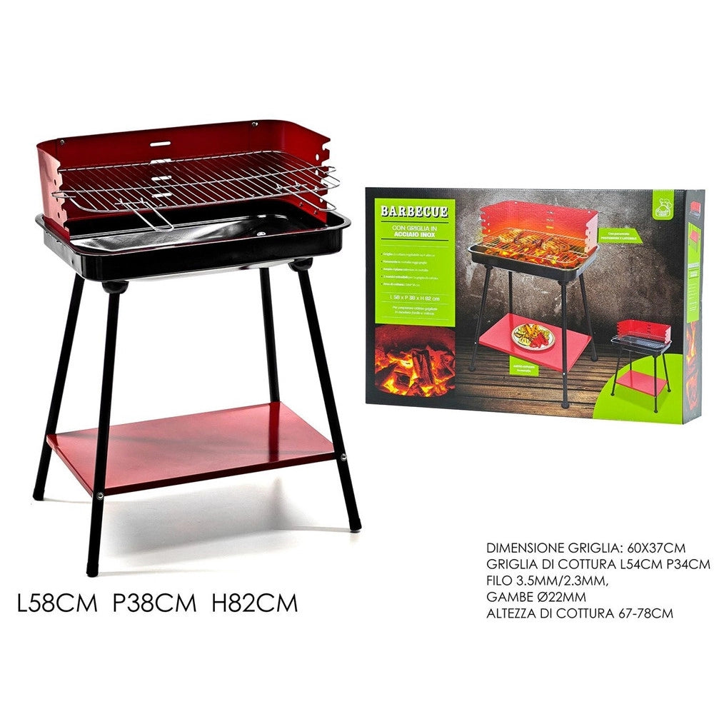 Trade Shop - Barbecue A Carbonella Con Griglia Regolabile In Acciaio Paravento Ripiano H82x58x38cm -