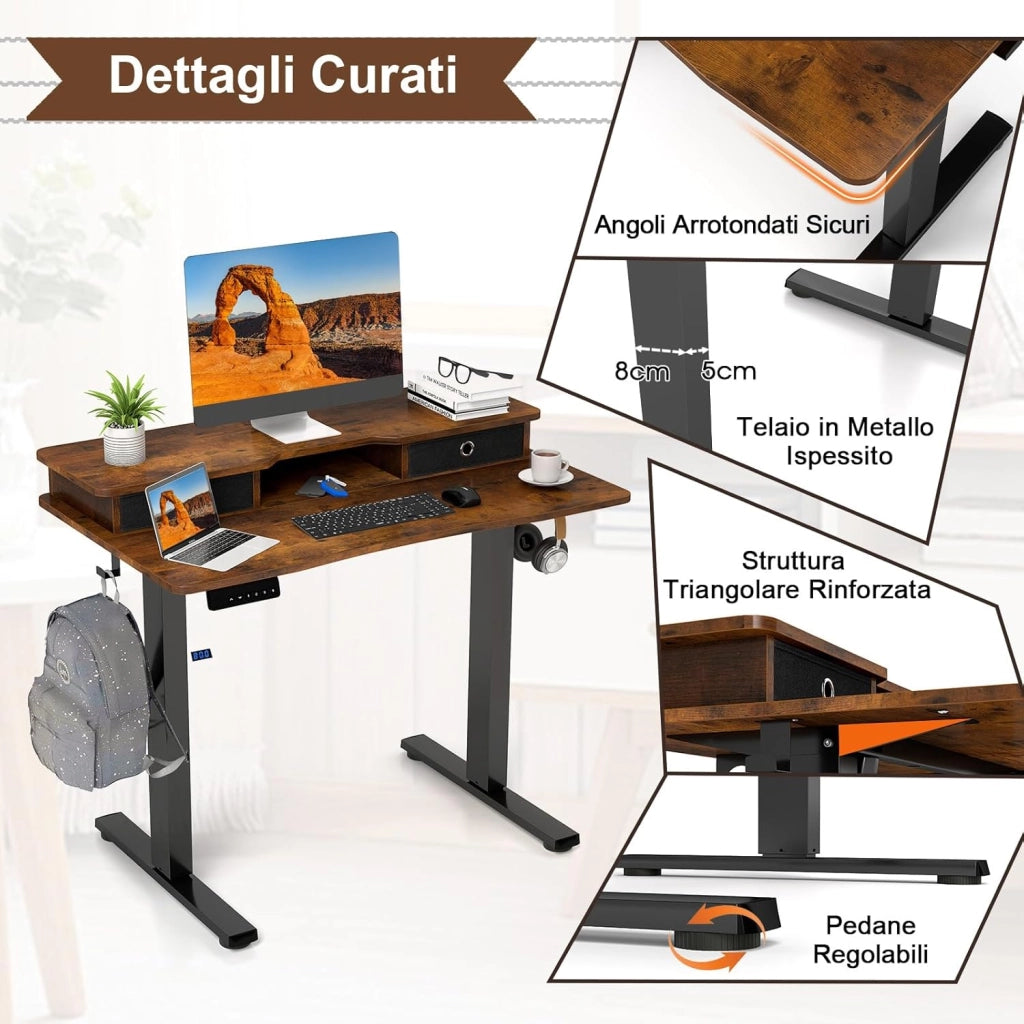 Scrivania Regolabile in Altezza con 2 Cassetti, Scrivania con Supporto per Monitor, Mensola, 2 Ganci e 3 Altezze Preimpostate, Tavolo da Lavoro per Ufficio, Studio e Camera da Letto (Marrone)