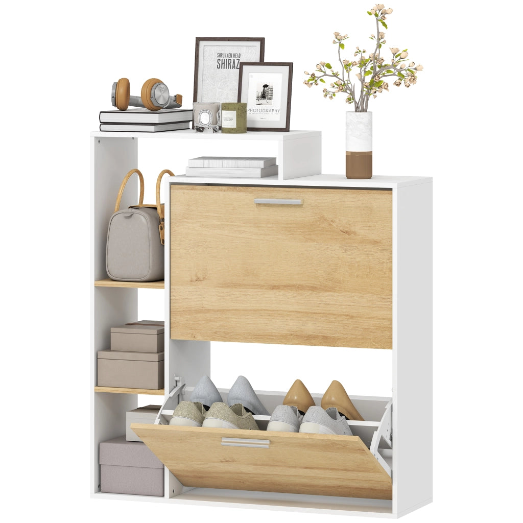 Mobile Portascarpe con 2 cassetti ribaltabili e ripiani. Bianco e Legno Naturale.