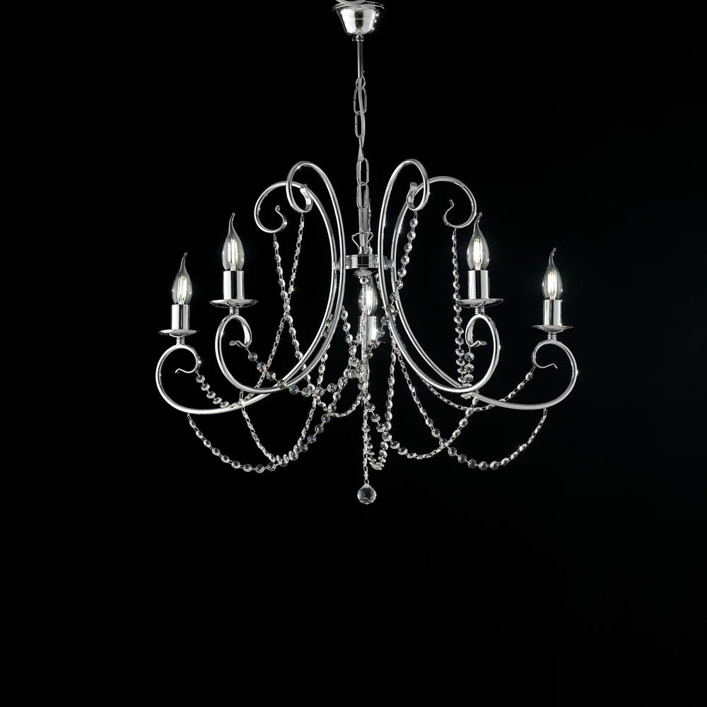 Lampadario Shabby Chic Magda Metallo E Cristallo Cromo E Cristallo 5 Luci E14