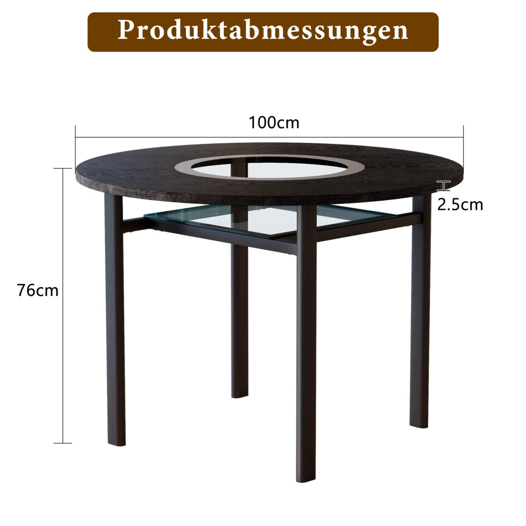 Tavolo da pranzo rotondo per 2-4 persone con inserto in vetro, base in metallo, per soggiorno e cucina, nero, 100 cm