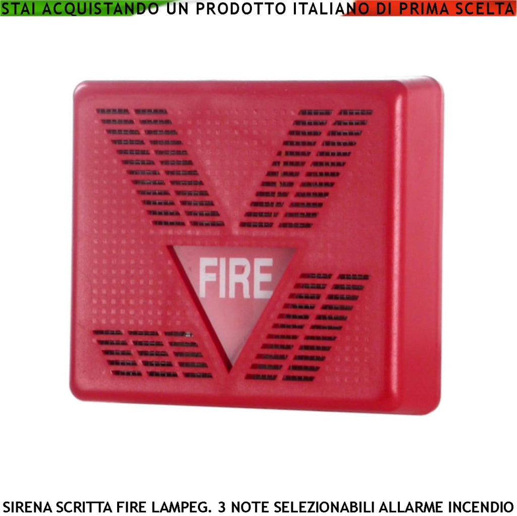 SIRENA O CAMPANA ROSSA SEGNALAZIONE ALLARME INCENDIO ALIMENTAZIONE 24 VCC SCRITTA FIRE LAMPEGGIANTE