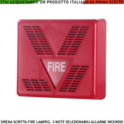SIRENA O CAMPANA ROSSA SEGNALAZIONE ALLARME INCENDIO ALIMENTAZIONE 24 VCC SCRITTA FIRE LAMPEGGIANTE