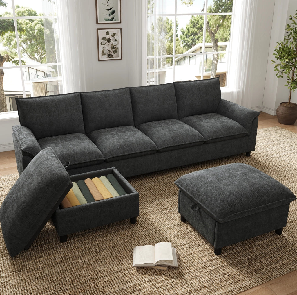 Divano con 2 pouf contenitore in ciniglia nero; 264;5x142;5x84 cm