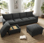 Divano con 2 pouf contenitore in ciniglia nero; 264;5x142;5x84 cm