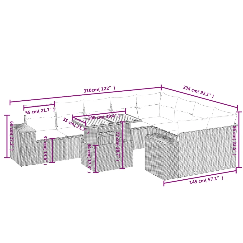 Set Divani da Giardino 10pz con Cuscini in Polyrattan Nero 3272792