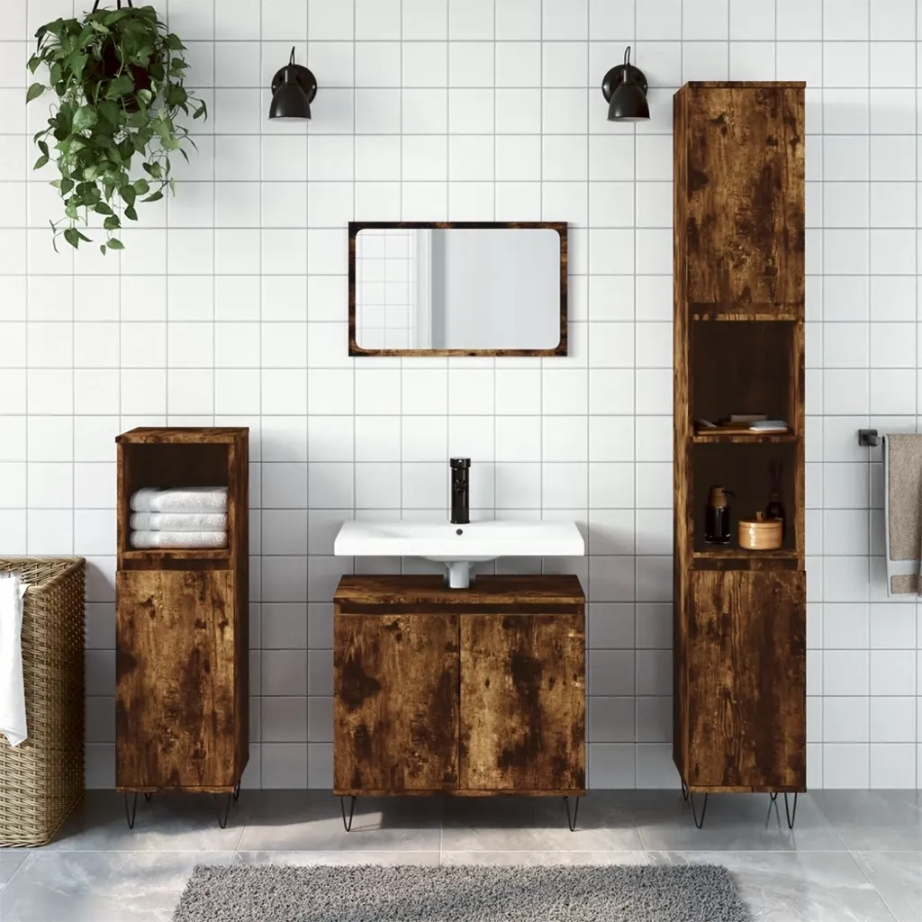 Set Mobili da Bagno | Armadio da bagno 3 pz Rovere Fumo in Legno Multistrato