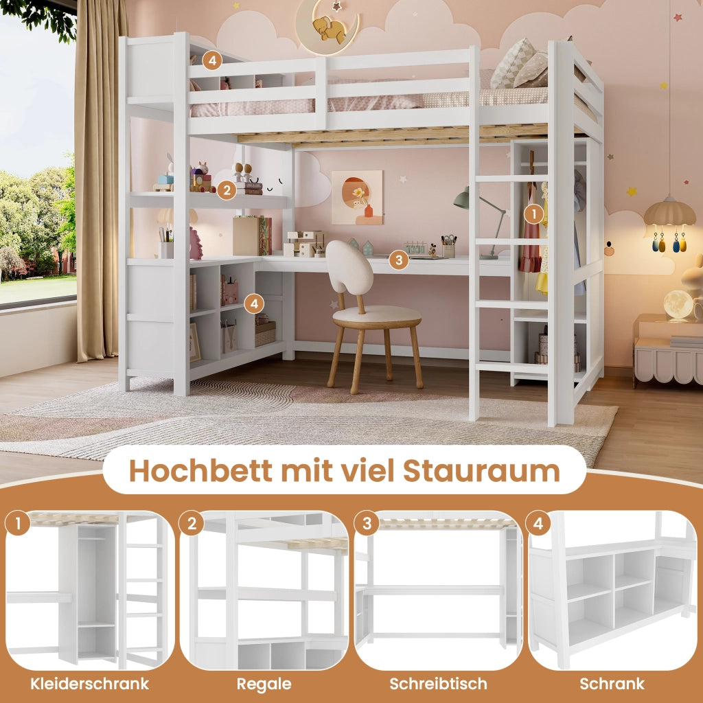 OKWISH Letto a soppalco 140×200 cm, Letto Matrimoniale con Scrivania, Armadio e Scaffali Contenitore, senza Materasso, in Pino, Bianco