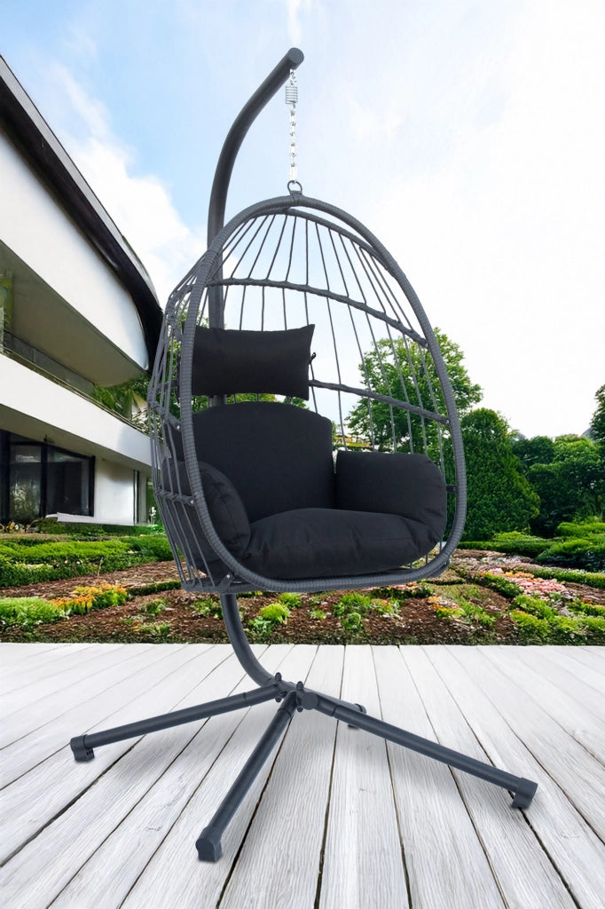 Sedia A Dondolo Poltrona Pensile Sospesa In Rattan Struttura In Acciaio Cuscini Sfoderabili Ovetto Richiudibile Altalena Giardino Casa Struttura Inclusa - Grigio scuro
