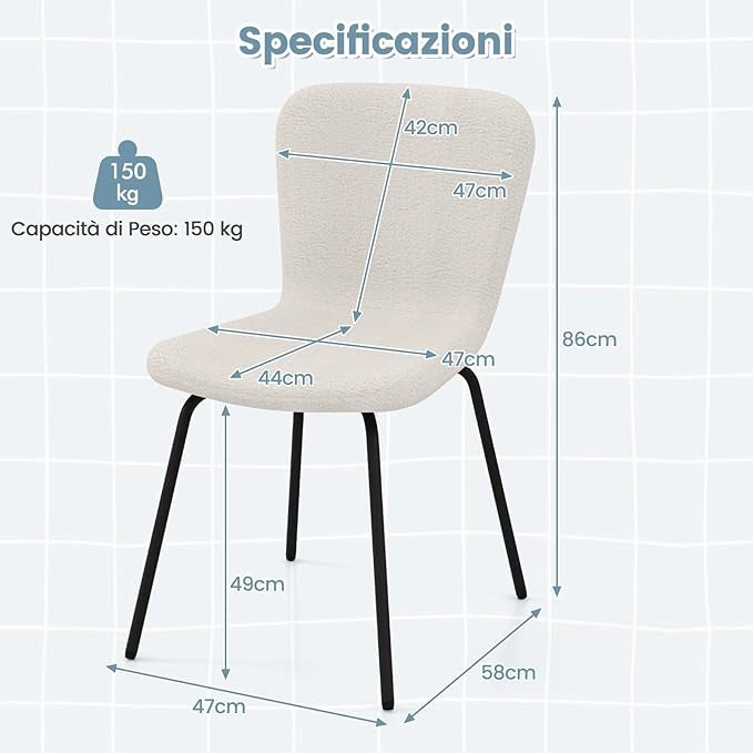 Set di 4 Sedie da Pranzo, 4 Sedie Alte da Bar, Sedie Imbottite Moderne con Schienale e Gambe in Metallo, Set di Sedie da Cucina, Portata 150 kg, 47 x 58 x 86 cm