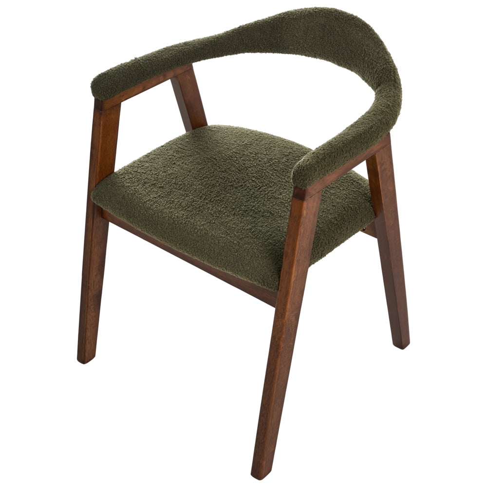 Set di 2 sedie da pranzo con seduta e schienale imbottiti verdi, rivestimento in bouclé, poliestere, struttura in legno di gomma color marrone, stile retrò, per sala da pranzo.