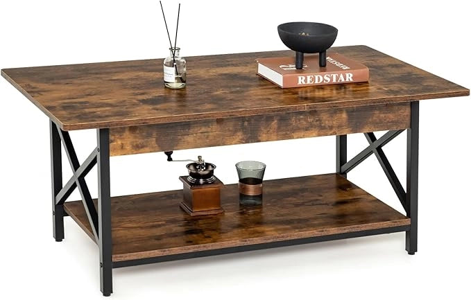 Tavolino da Salotto 2 Livelli, Tavolino da caffè Industriale con Struttura in Metallo a Forma di X, Tavolino Rettangolare per Soggiorno, Studio e Ufficio, 60 x 110 x 48 cm (Marrone)