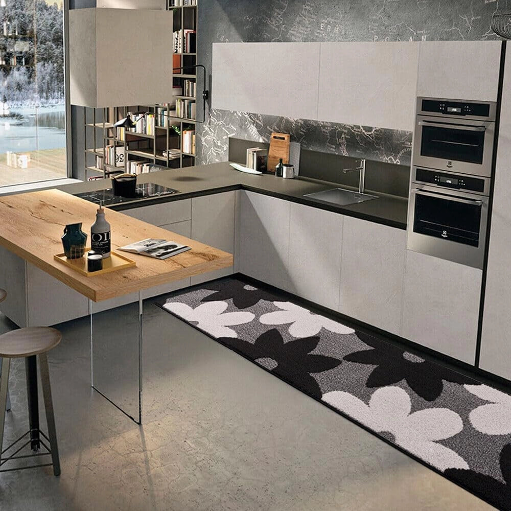 Tappeto Cucina 3D Fiore 57x40 cm Tridimensionale Morbido Moderno Passatoia Antiscivolo Nero