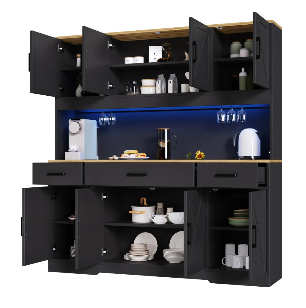 Credenza buffet 150x40x180 cm con LED; 2 prese; USB-A e USB-C; nero in truciolare