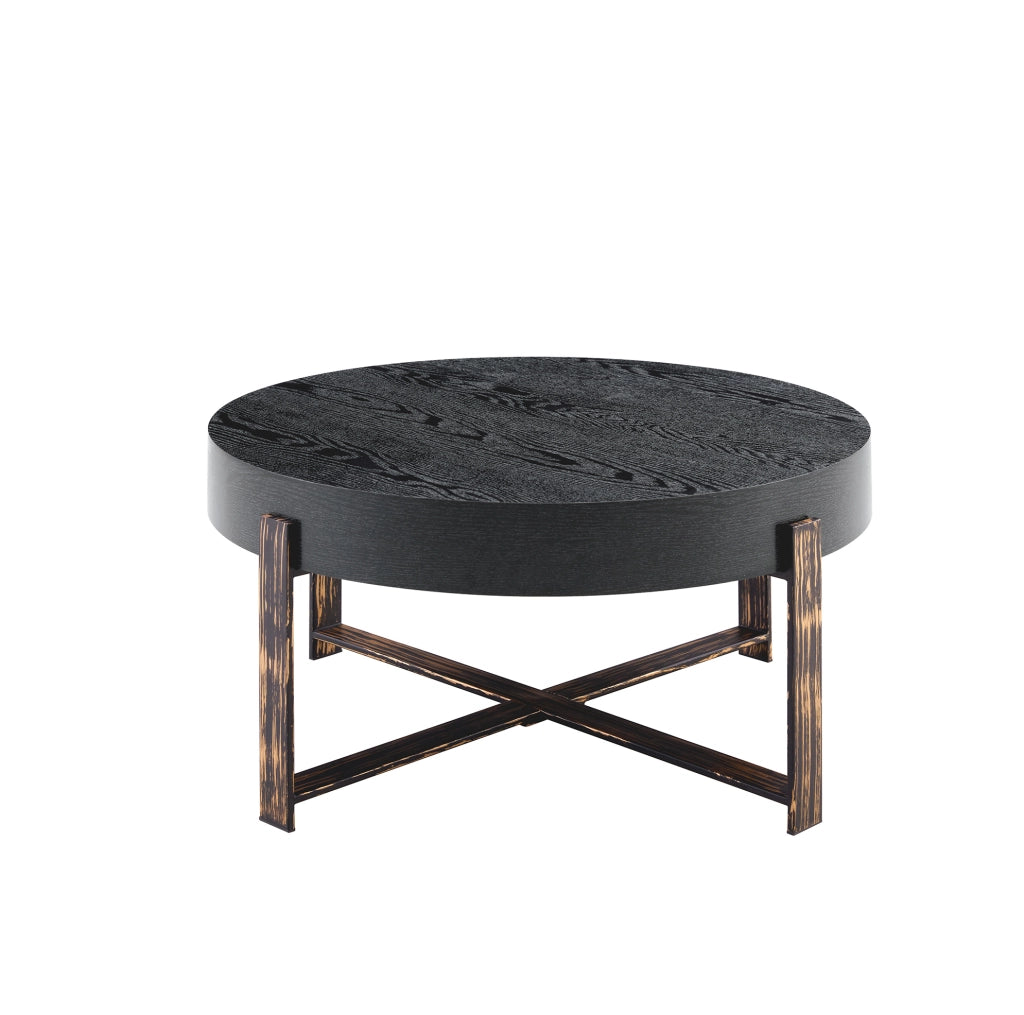 Tavolino rotondo 68x36 cm con piano effetto legno nero; base a croce in metallo; nero