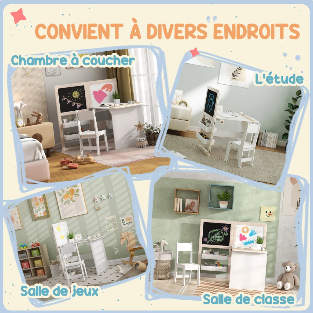 Tavolo da gioco per bambini con sedia e cavalletto pieghevole ¨C zephmum ¨C bianco