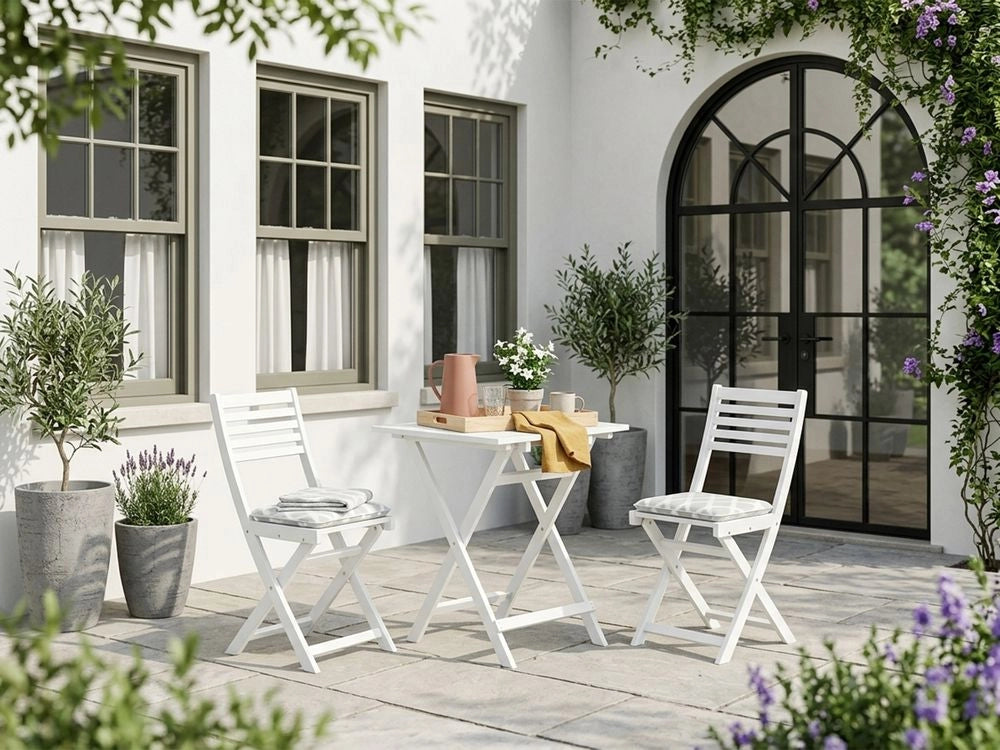 Set da bistrot 3 pezzi in legno massello di acacia bianco pieghevole a doghe design scandinavo moderno