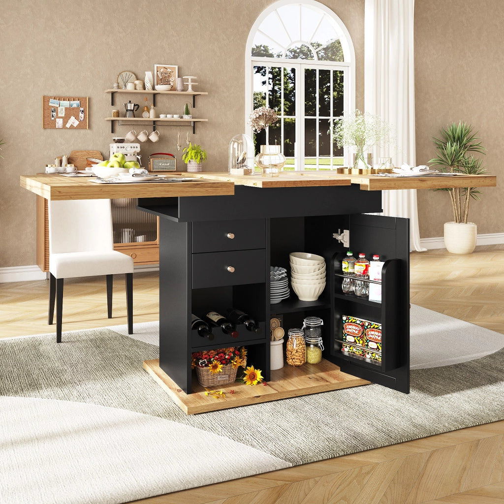 Tavolo da pranzo allungabile con anta ribaltabile, cassetto e ripiani, per cucina e soggiorno, nero, 110 × 80 × 75 cm