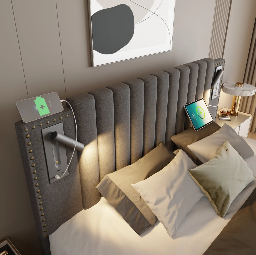 Letto matrimoniale imbottito 180x200 cm grigio con contenitore; luce lettura e porte USB