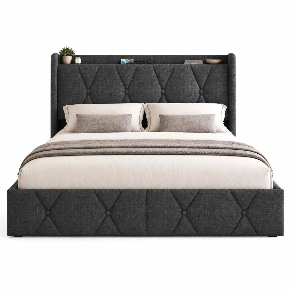 Letto matrimoniale imbottito 140x200 cm con 4 cassetti; ricarica USB e prese; grigio