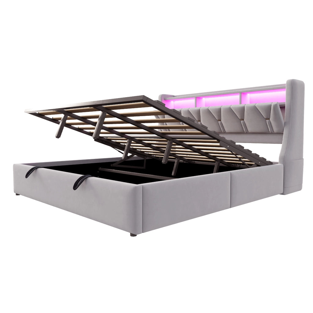 Letto imbottito 180x200 cm con contenitore idraulico, testiera reclinabile con prese USB e USB-C, LED e rivestimento in velluto grigio chiaro