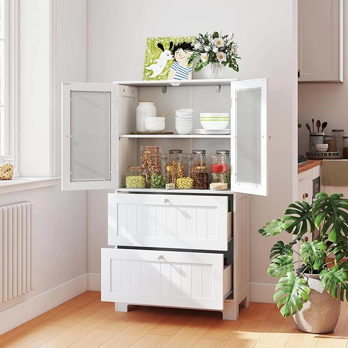 Armadio da Bagno a Terra, Armadietto Autoportante con 2 Cassetti e 2 Ante in Vetro Opaco e Ripiano Regolabile, Mobile Salvaspazio per Bagno, Cucina e Salotto (Bianco, 60x30x108cm)